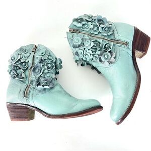 Anthropologie Mint Green Leather Floral Appliqué Ankle Boots